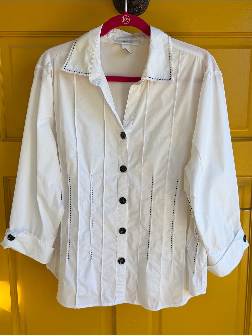 Dressbarn Woman White Shirt With Classic Black Stitching Detail